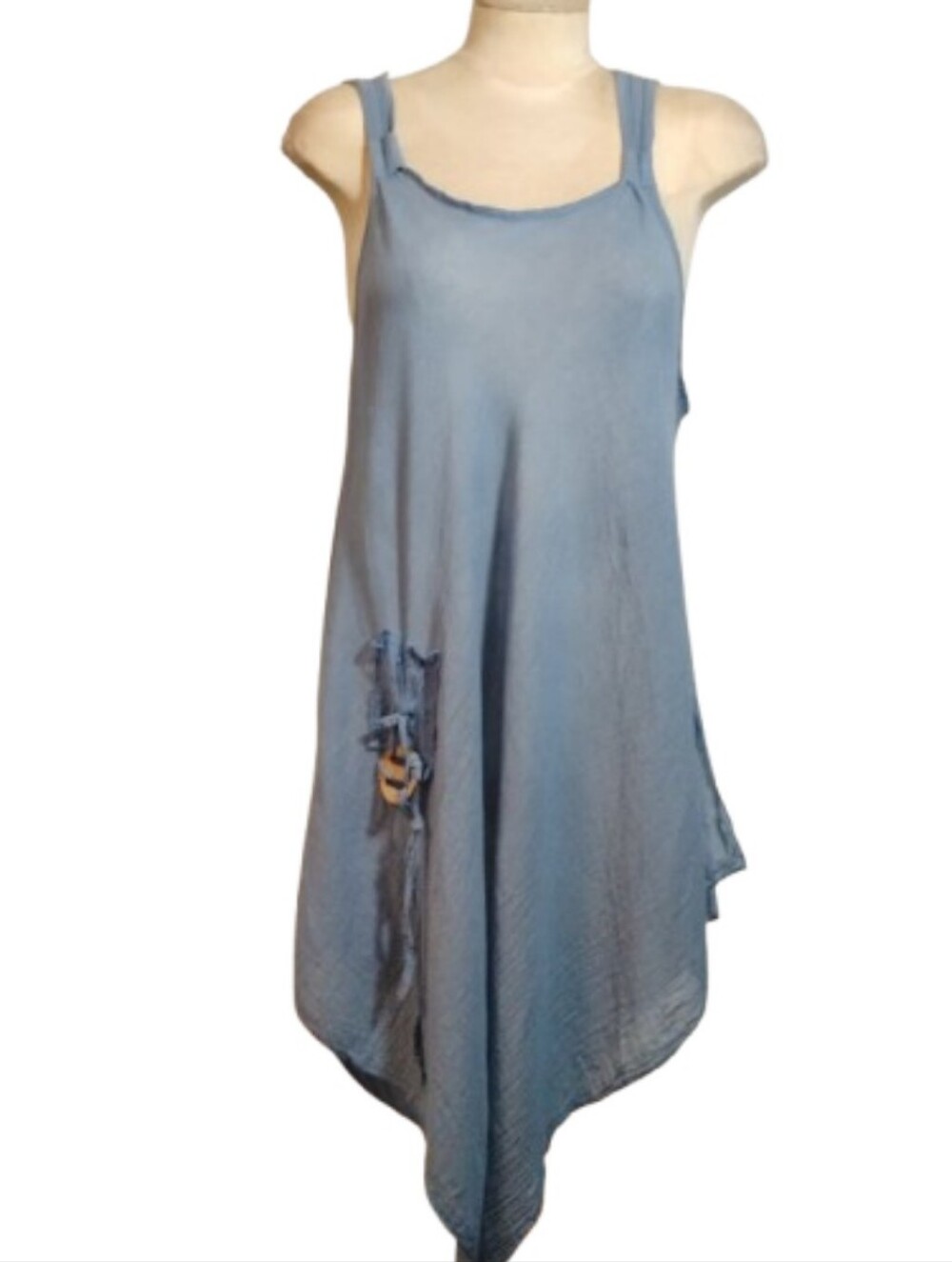 Boho Blue Handkerchief Hem Dress M/L Crochet Racerback Lagenlook Festival